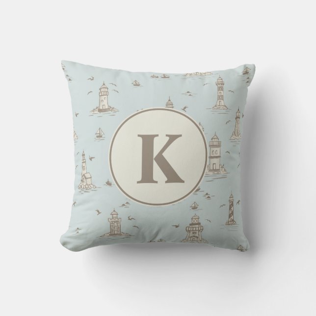 Watercolor Lighthouse Toile Nursery | Monogram Cushion (Front)