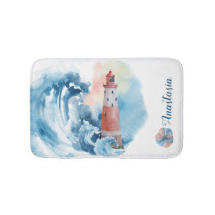 Watercolor Lighthouse Wave Bath Mat