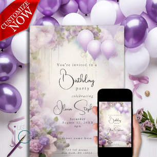 Watercolor Lilac Blooms and Balloons QR Birthday Invitation