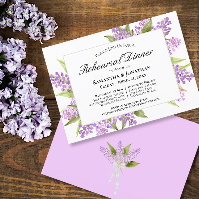 Watercolor Lilac Bouquet Wedding Rehearsal Dinner Invitation (Front and Back)
