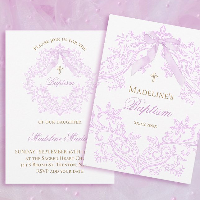  watercolor lilac bow Baptism Invitation (Creator Uploaded)