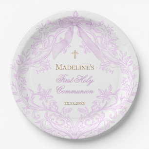 watercolor lilac crest First Holy Communion Paper Plate