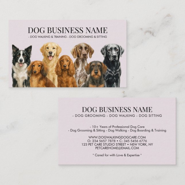 Watercolor Lilac Dog Breeds Pet Groomer Business Card (Front/Back)