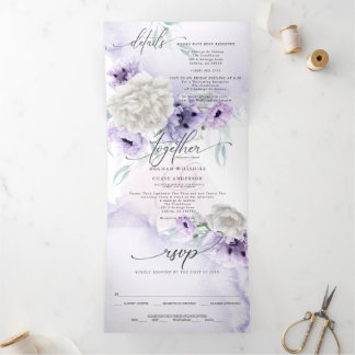 Watercolor Lilac Floral ALL IN ONE WEDDING Tri-Fold Invitation