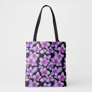 Watercolor Lilac Floral Black Tote Bag