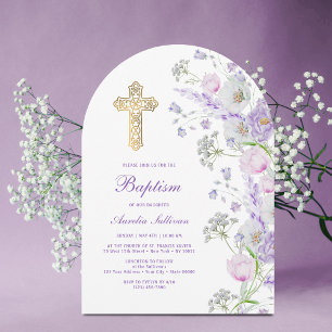 Watercolor Lilac Flowers Arch Baptism Invitation