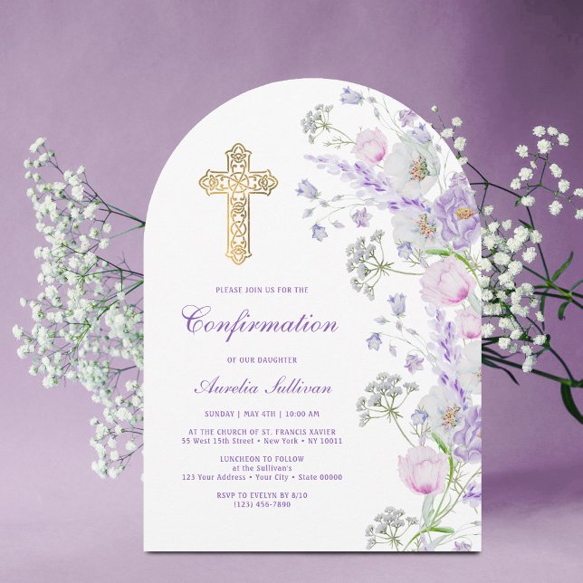 Watercolor Lilac Flowers Arch Confirmation Invitation (Creator Uploaded)