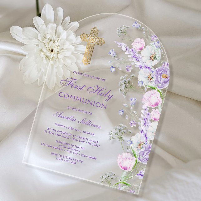 Watercolor Lilac Flowers Arch First Communion Acrylic Invitations (Creator Uploaded)