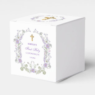 Watercolor Lilac Flowers First Communion Cube Favour Box