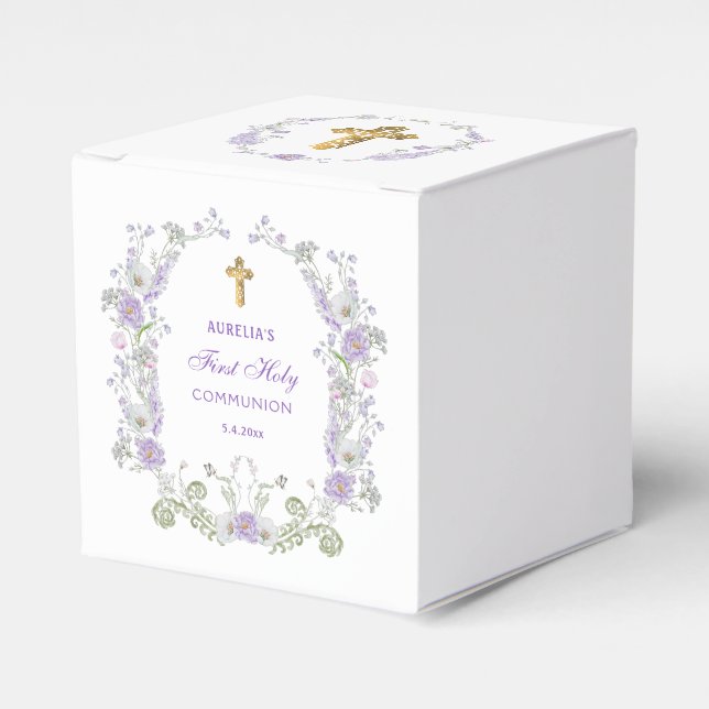 Watercolor Lilac Flowers First Communion Cube Favour Box (Front Side)