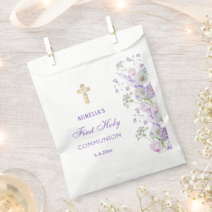 Watercolor Lilac Flowers First Communion Favour Bags