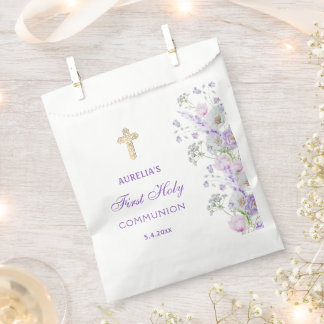 Watercolor Lilac Flowers First Communion Favour Bags