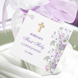 Watercolor Lilac Flowers First Communion Favour Tags