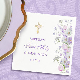Watercolor Lilac Flowers First Communion Napkin