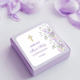 Watercolor Lilac Flowers First Communion Square Sticker