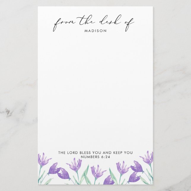 Watercolor Lilac Flowers Personalised Scripture Stationery (Front)