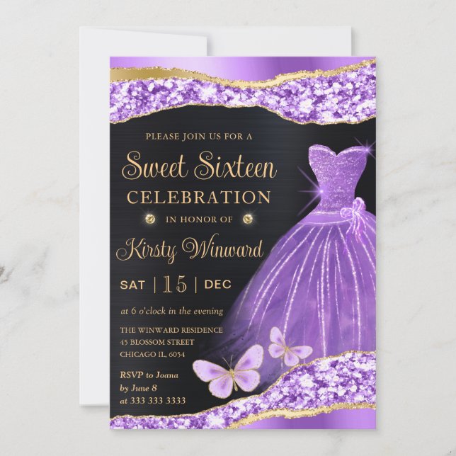 Watercolor Lilac Gold Glitter Dress Sweet Sixteen Invitation (Front)