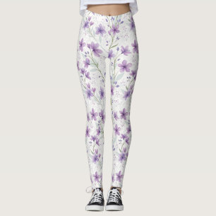 Watercolor Lilac Wildflower Pattern Leggings