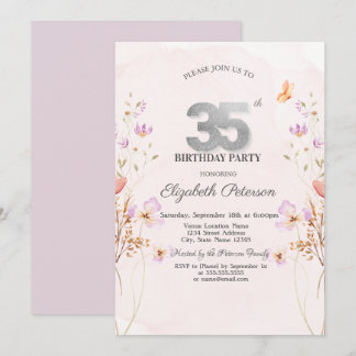 Watercolor Lilac Wildflowers Purple 35th Birthday Invitation
