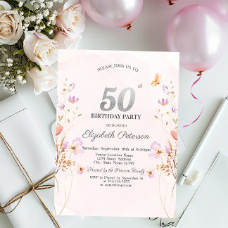 Watercolor Lilac Wildflowers Purple 50th Birthday Invitation