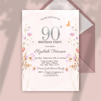 Watercolor Lilac Wildflowers Purple 90th Invitation