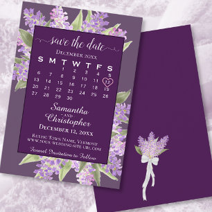 Watercolor Lilacs & Calendar Plum Purple Wedding Save The Date