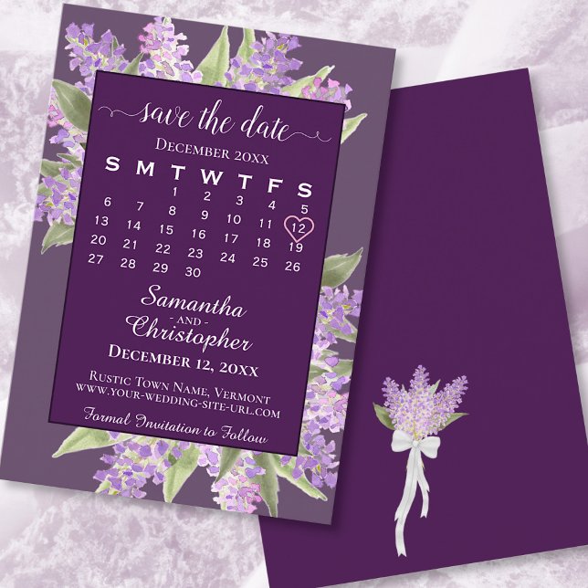 Watercolor Lilacs & Calendar Plum Purple Wedding Save The Date (Creator Uploaded)