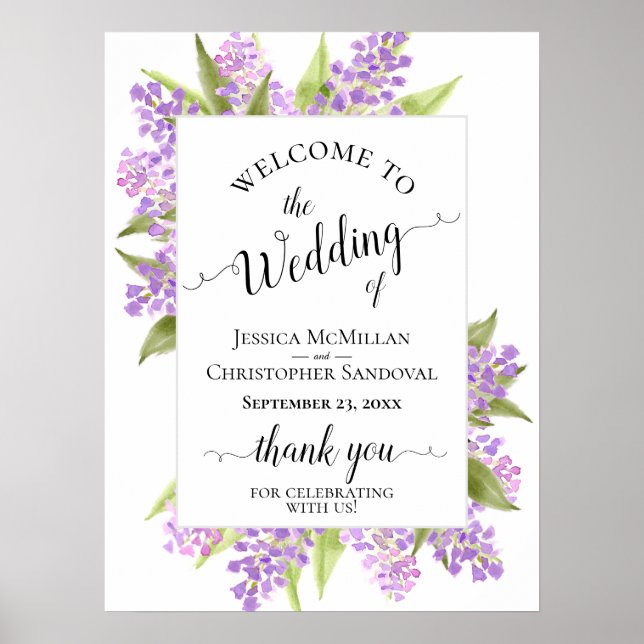 Watercolor Lilacs Elegant Wedding Welcome Sign (Front)