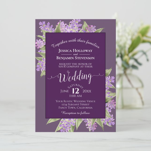 Watercolor Lilacs Plum Purple Boho Wedding Invitation (Standing Front)