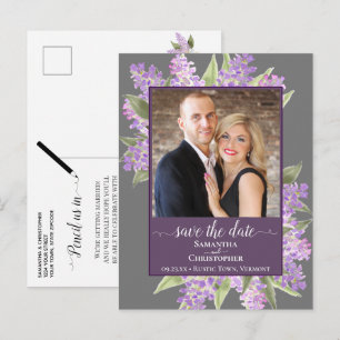 Watercolor Lilacs Wedding Save the Date Photo Grey Announcement Postcard