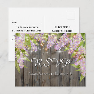 Watercolor Lilacs With Wood & Lights Wedding RSVP Postcard