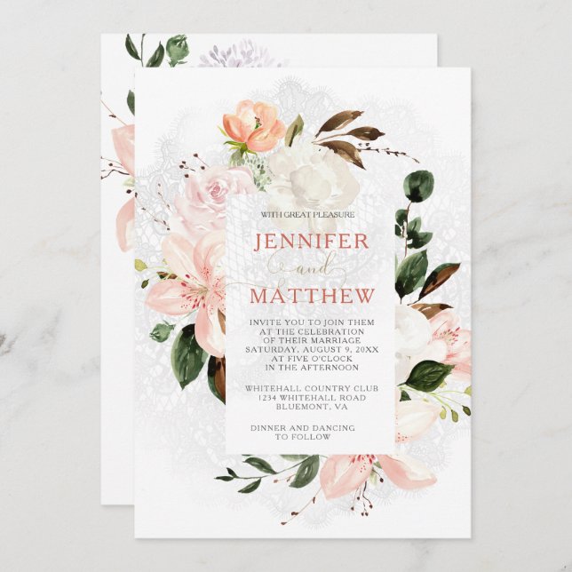 Watercolor Lilies, Roses, Peonies, Magnolias Invitation (Front/Back)