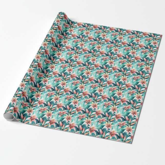 Watercolor Lily Flower Gift Wrap (Unrolled)
