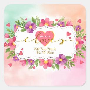 Watercolor Lily Grace Floral "Made with Love" Gift Square Sticker