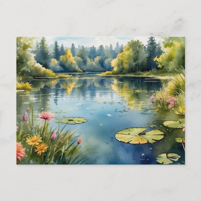 Watercolor Lily Pond, Forest, Nature  Postcard (Front)