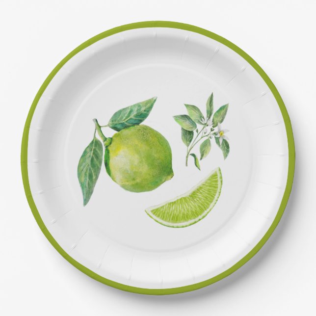Watercolor Lime and Leaves Paper Plate (Front)