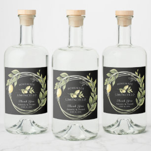 Watercolor Limoncello Floral Black Liquor Bottle Label