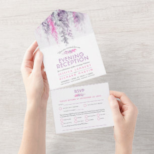 Watercolor lindigo pink evening reception wedding all in one invitation