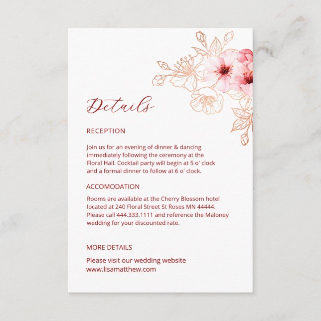 Watercolor Line Art Cherry Blossom Details Enclosure Card (Front)