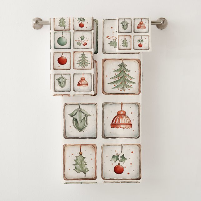 Watercolor Lineart Christmas Pattern Bath Towel Set (Insitu)