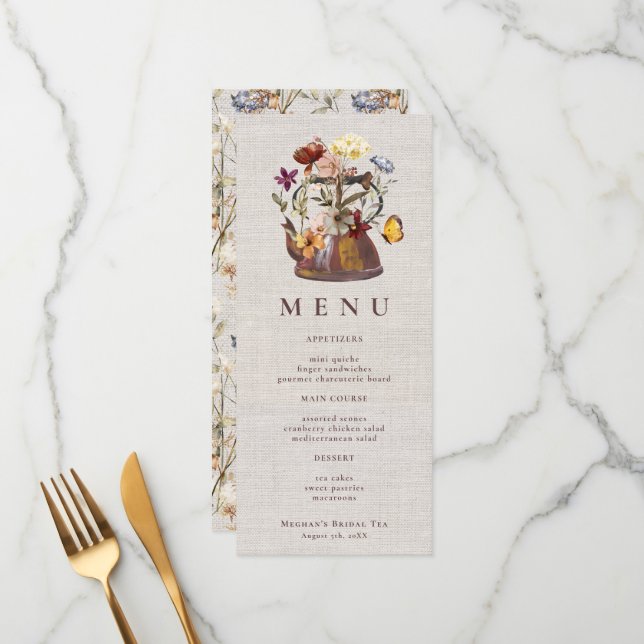Watercolor Linen Wildflower Tea Party Menu  (Front/Back In Situ)