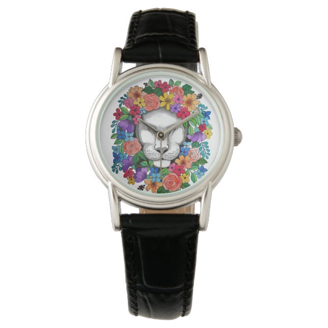 Watercolor Lion And Rainbow Flowers Watch (Front)