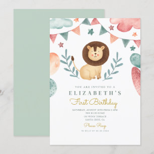 Watercolor Lion Cute  Baloons 1st Birthday Invitation