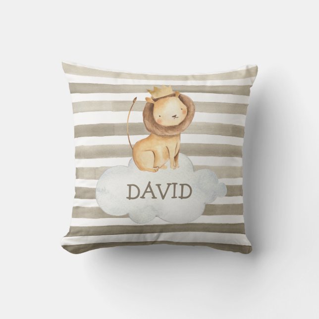 Watercolor Lion Grey Personalised Baby Name Boy Cushion (Front)