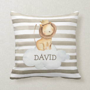 Watercolor Lion Grey Personalised Baby Name Boy Cushion