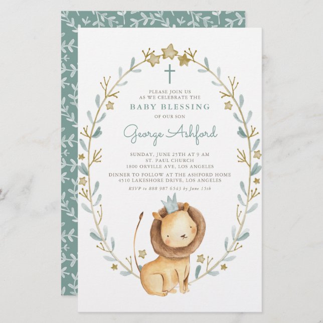 Watercolor Lion Prince Baby Blessing Invitation (Front/Back)