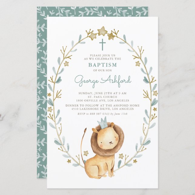 Watercolor Lion Prince Baby Boy Baptism Invitation (Front/Back)