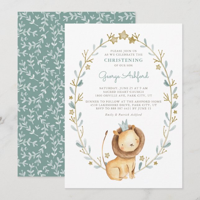 Watercolor Lion Prince Baby Boy Christening Invitation (Front/Back)