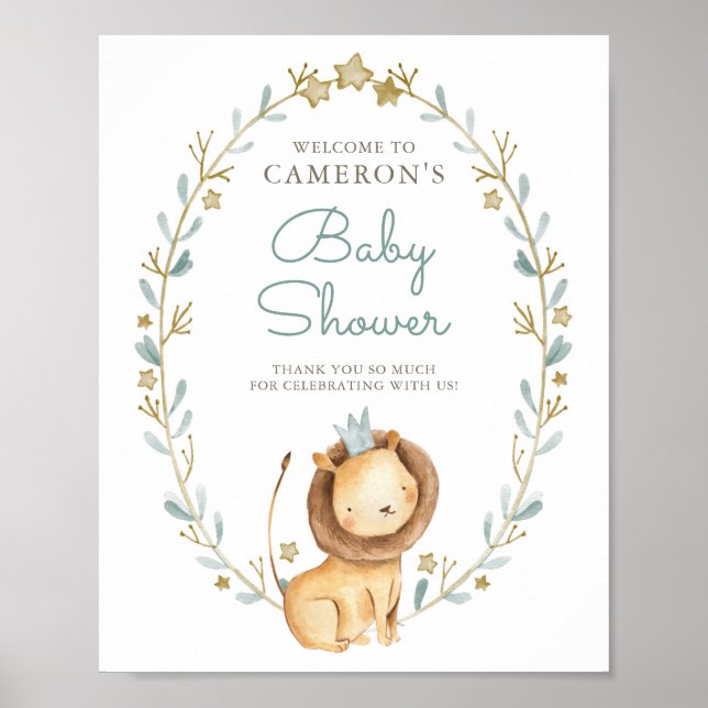 Watercolor Lion Prince Baby Shower Welcome Poster (Front)