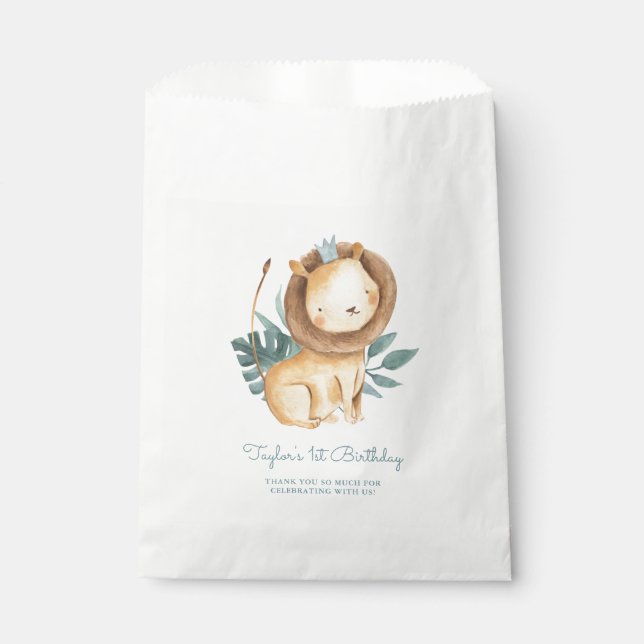 Watercolor Lion Prince Tropical Leaves Birthday Favour Bags (Front)